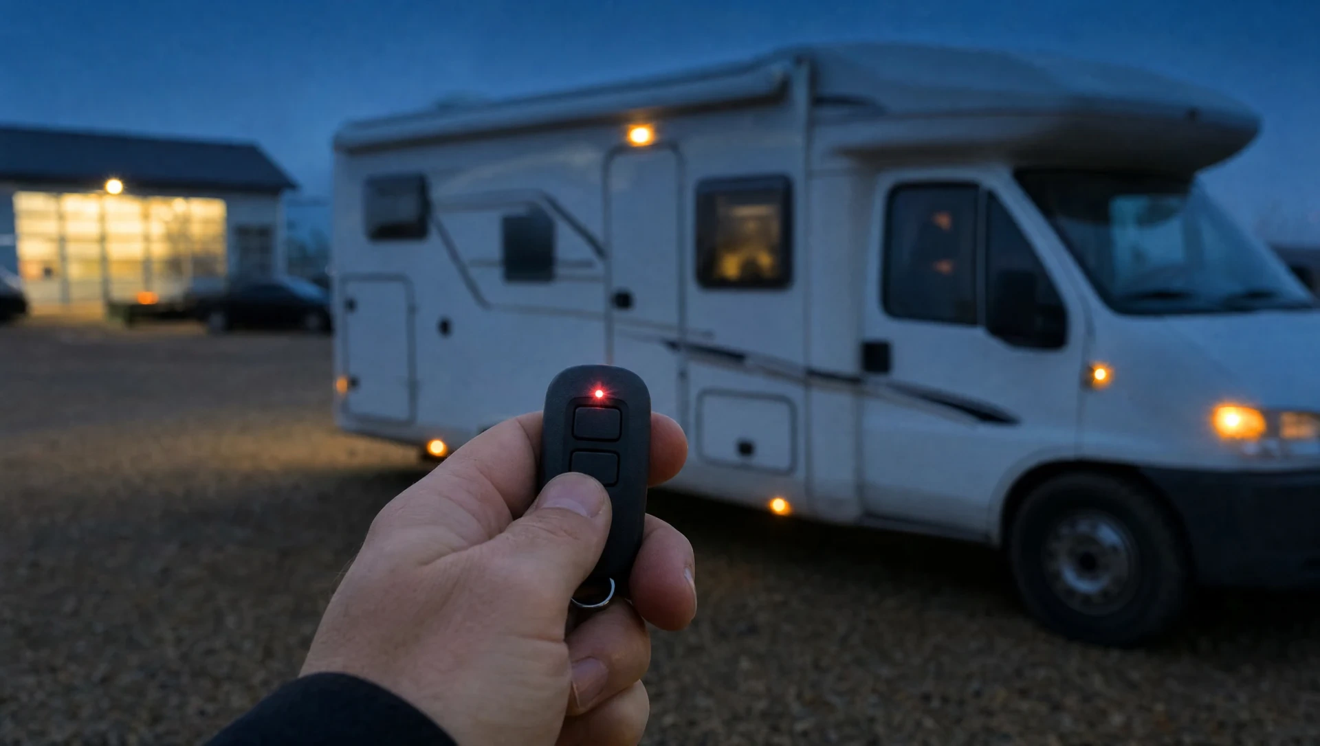 Hand mit Funkhandsender vor einem Wohnmobil in der Abenddämmerung, die Blinker leuchten, KI-generiertes Symbolbild