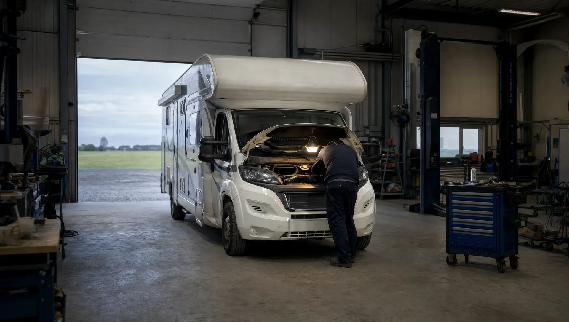 KI-Symbolbild: Alkoven-Wohnmobil in der Werkstatt Alkoven-Wohnmobil mit geöffneter Motorhaube in einer Werkstatthalle, ein Mechaniker arbeitet am Motorraum, KI-generiertes Symbolbild