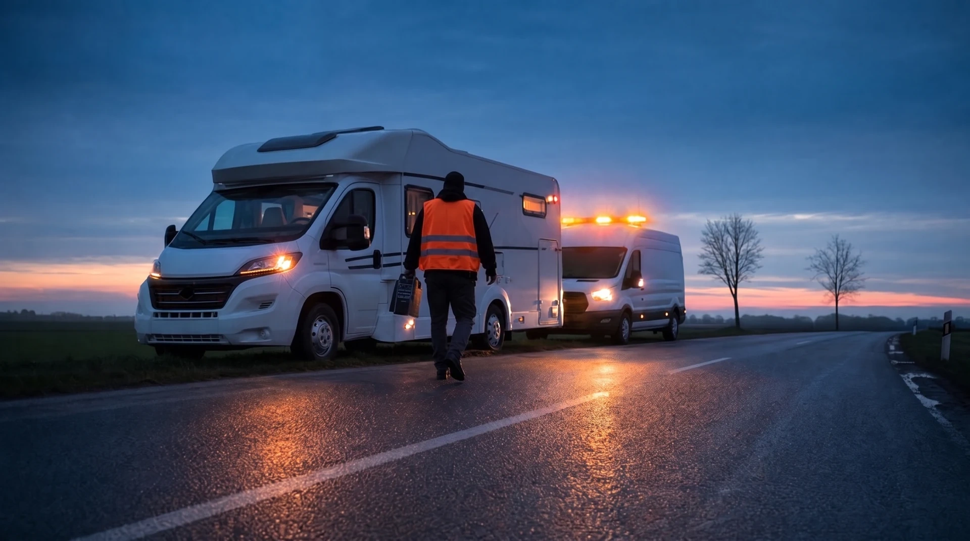 Wohnmobil mit Warnblinker am Straßenrand in der Abenddämmerung, dahinter ein Servicefahrzeug, ein Techniker in Warnweste geht darauf zu, KI-generiertes Symbolbild
