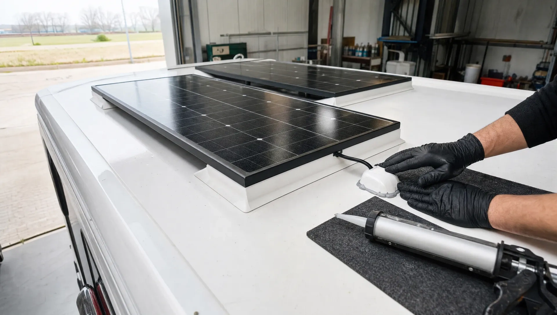 Zwei Solarmodule auf dem Dach eines Wohnmobils, ein Mechaniker dichtet die Kabeldurchführung ab, KI-generiertes Symbolbild