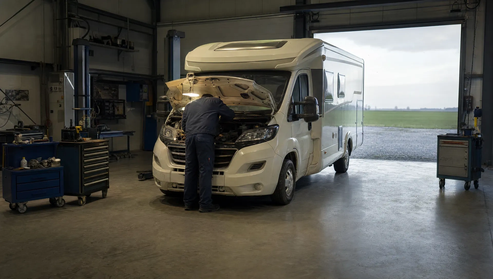 Mechaniker beugt sich in einer Werkstatthalle über den Motorraum eines weißen Wohnmobils, KI-generiertes Symbolbild